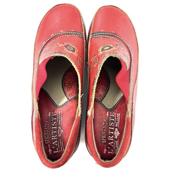 L’Artiste by Spring Step Burbank Red Leather Clogs EU 35 US 5 Floral - Picture 7 of 9